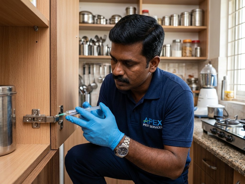 Technician applying odorless cockroach gel bait inside kitchen cabinet hinges