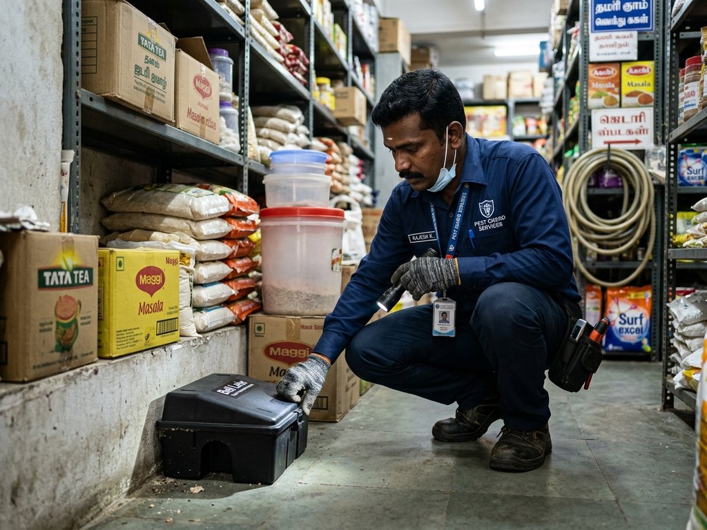 Technician inspecting a tamper-resistant rodent bait box in a commercial store