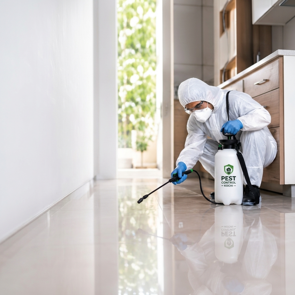 Pest control technician spraying in Kochi