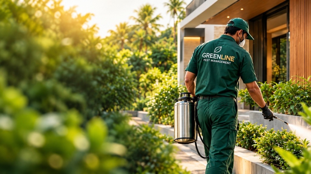 GreenLine pest management technician spraying outdoor garden plants in Kochi
