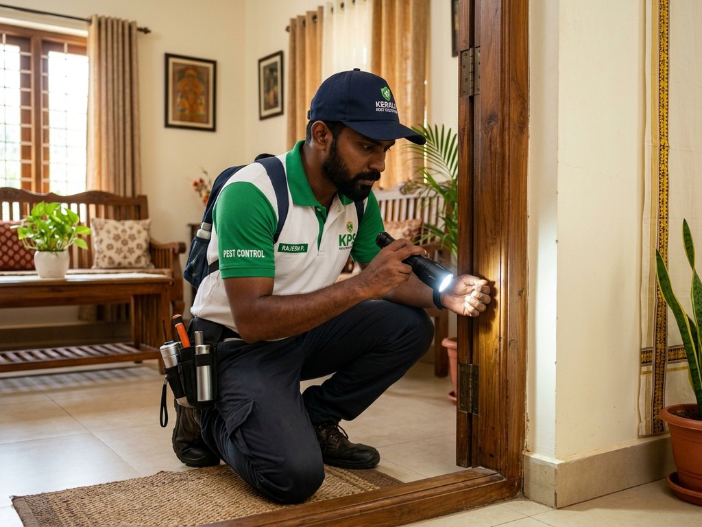 South Indian technician inspecting wooden door frames for termites in a Kerala home